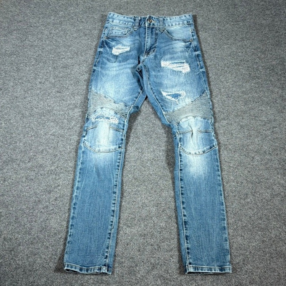 Smoke Rise Jeans Mens 27 x 32 Blue Distressed Moto Biker Denim